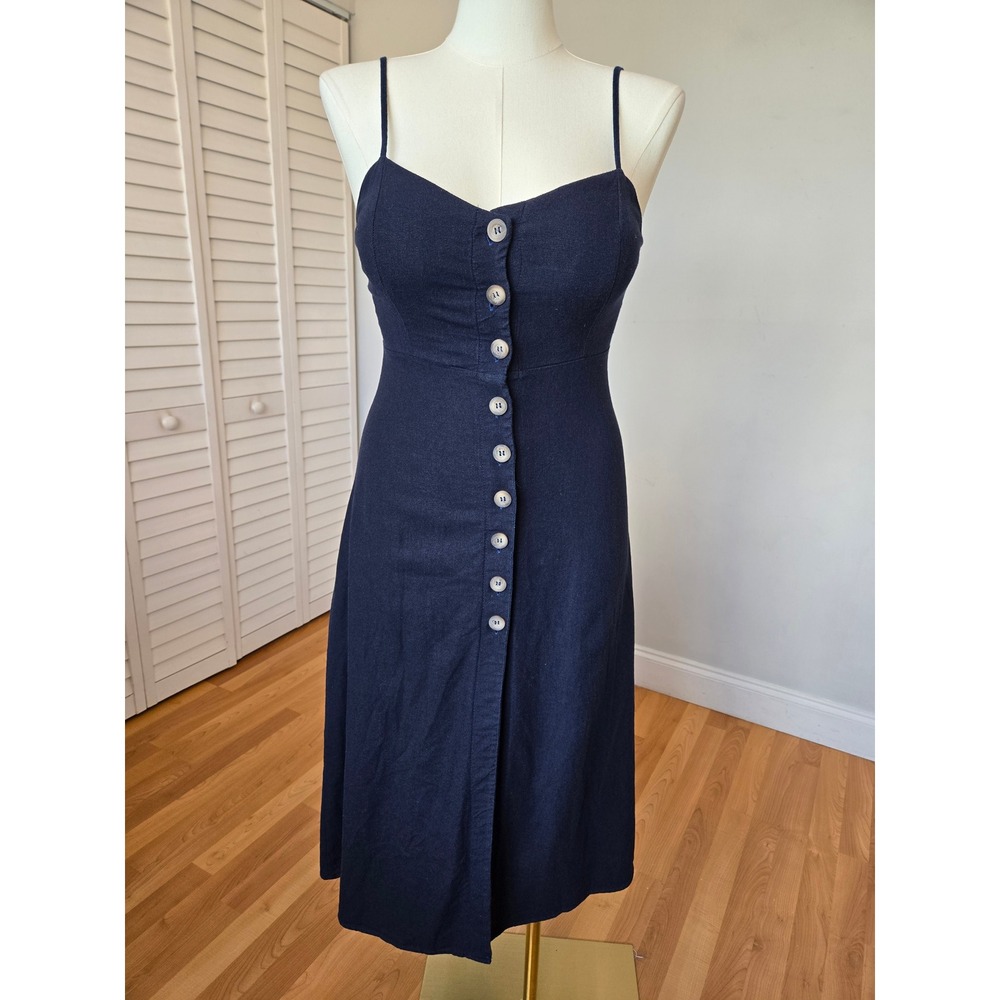 Yessica Navy Blue Linen Blend Button Front Midi Dress M Coastal Chic Minimalist - Picture 2 of 10